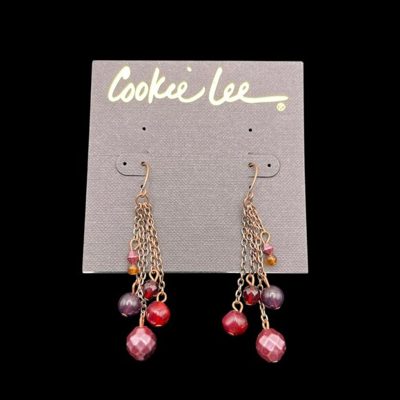 Vintage Cookie Lee Earrings Dangle Beads Crystal Pink Red Brass Tone NEW - Picture 1 of 6